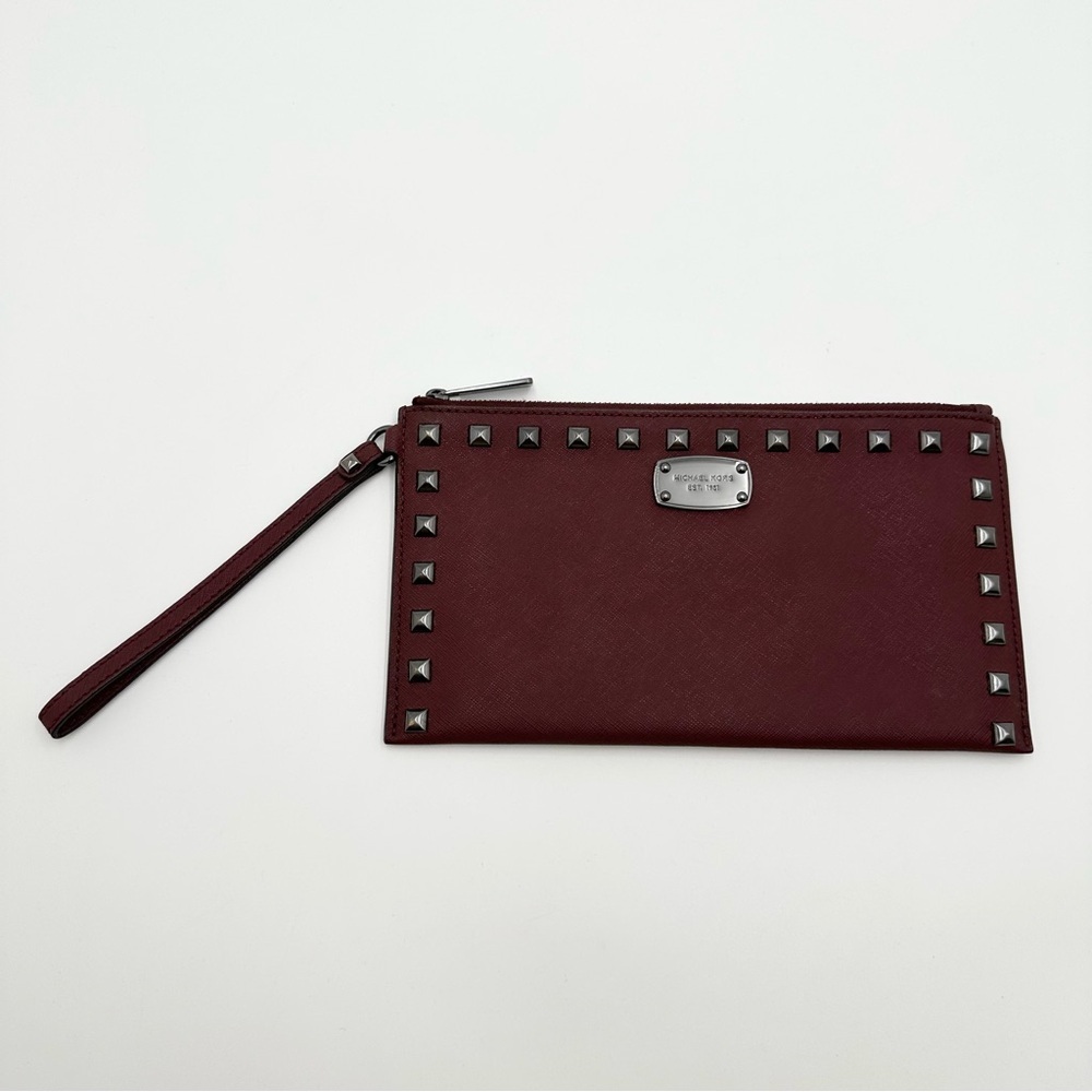 Michael Michael Kors Saffiano Studded Leather Clutch Wristlet in Merlot